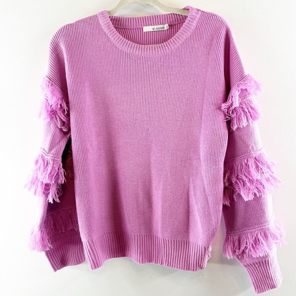 E.ssue Long Sleeve Crewneck Fringe Detail Pullover Sweater Pink Small